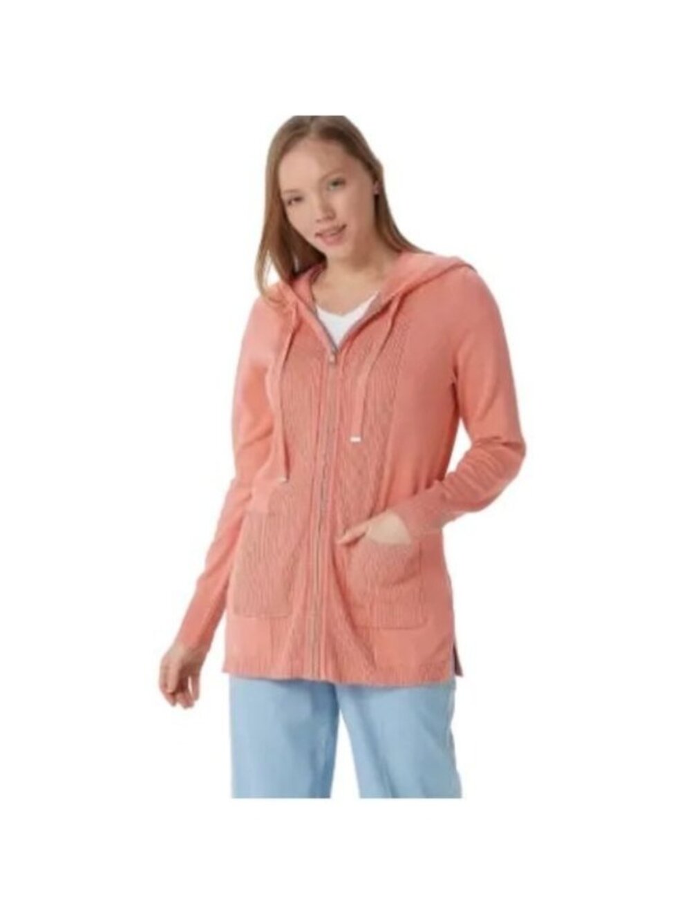 Isaac Mizrahi Live! Womens Hooded Cardigan Sweater M Coral - Picture 1 of 6